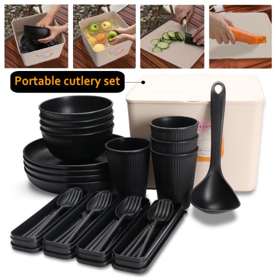 Amazone paille de blé couteaux fourchettes cuillères baguettes à grain vertical bols tasses plats plats planche à découper couteaux à fruits ensemble de camping