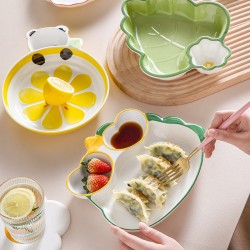 Assiette à ravioli japonaise avec assiette de vinaigre en céramique créative belle assiette à ravioli spéciale assiette à compartiments fine plaque de petit déjeuner de dessin animé