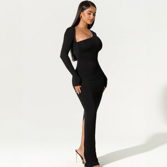 Wholesale cross-border European 2025 spring-summer new style women's elegant collar, backless, sexy, slit, tie, pure color, one-piece dress for women.