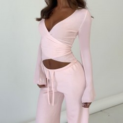 In Stock European and American Cross-border 2025 Spring/Autumn New Style Casual V-Neck Long-Sleeve Shirt Fashion Pants Set for Women Wholesale