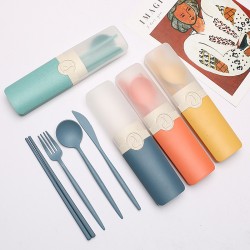 Cross-border amazone paille de blé baguettes cuillère set fourche student outdoor camping portable vaisselle ensemble de trois pièces