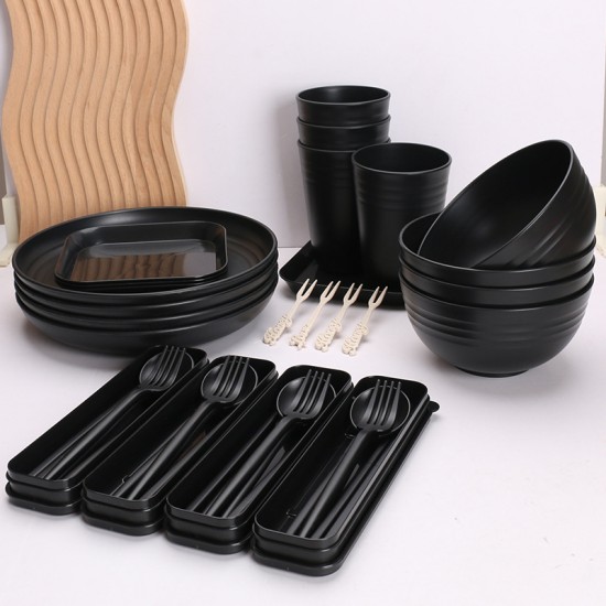 Cross-border set de couverts paille de blé maison bols tasses plats vaisselle portable plateau cadeau tasses couteaux portatifs fourchette cuillère