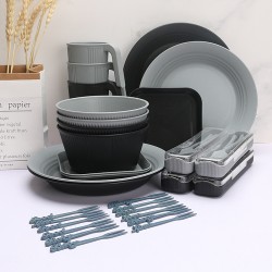 Cross-border blé paille bols tasses plateaux soucoupes ensembles de couverts portables noir gris grain vertical bol à céréales western steak plateaux