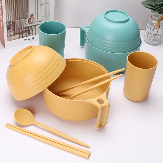 Paille de blé bol à pâte cuillère coupe coupe fourche cuillère resto ensemble dortoir étudiant portable bol de riz avec couverts avec couvercle soupe bol