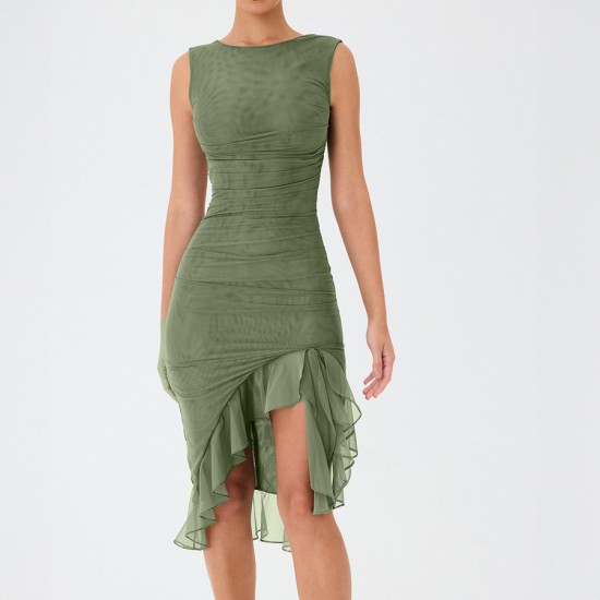 Spot-on wholesale of thin silk summer women's clothing with leopard print, featuring a plunging neckline, asymmetrical cut, and suspender straps.