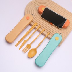 Creative spinner box paille de blé couteaux fourchettes cuillères baguettes ensemble de vaisselle portable étudiant ensemble de vaisselle de voyage extérieur