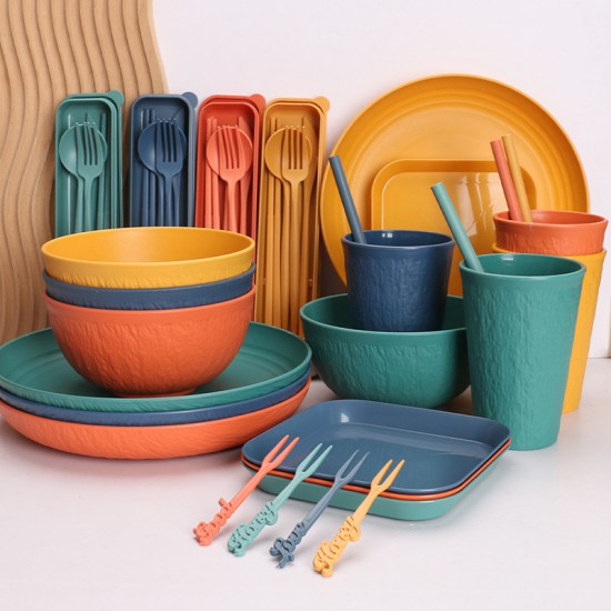 Amazonie commerce extérieur paille de blé vaisselle vaisselle et soucoupe set 8 personnes ménage bol de riz vaisselle tasse d’eau 32pcs set