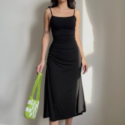 Spot-on wholesale of European and American style cross-border women's summer evening dress, pure color single-shoulder backless, fashionable, elegant, figure-hugging, stretch long dress
