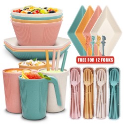 Bol à paille de blé tasses et assiettes ensemble de vaisselle portable ensemble de camping à grain vertical créatif diamant plat à tremper saladier plat